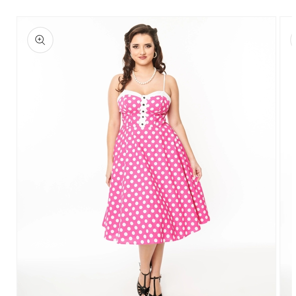 Unique Vintage Pink and White Polka Dot Midi Dress